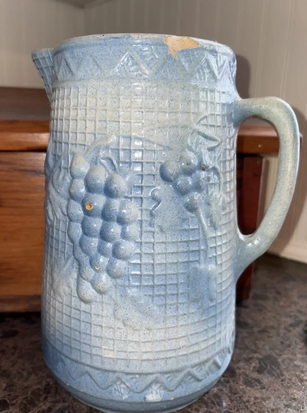Antique Brush McCoy Salt Glazed Stoneware Pitcher w/ Blue Grape & Lattice